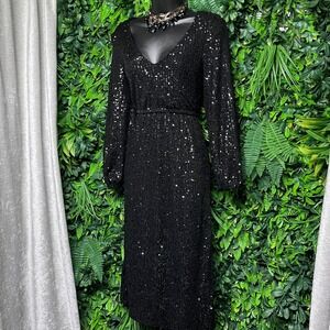Betsey Johnson Dress XS Black Sequin Cocktail Party Long Sleeve Midi 2848‎